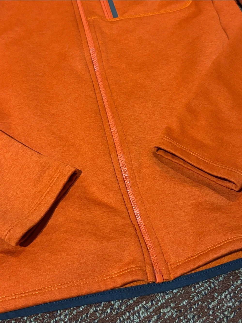 The north face skyline full zip fleece jacket logo stretch orange/navy small